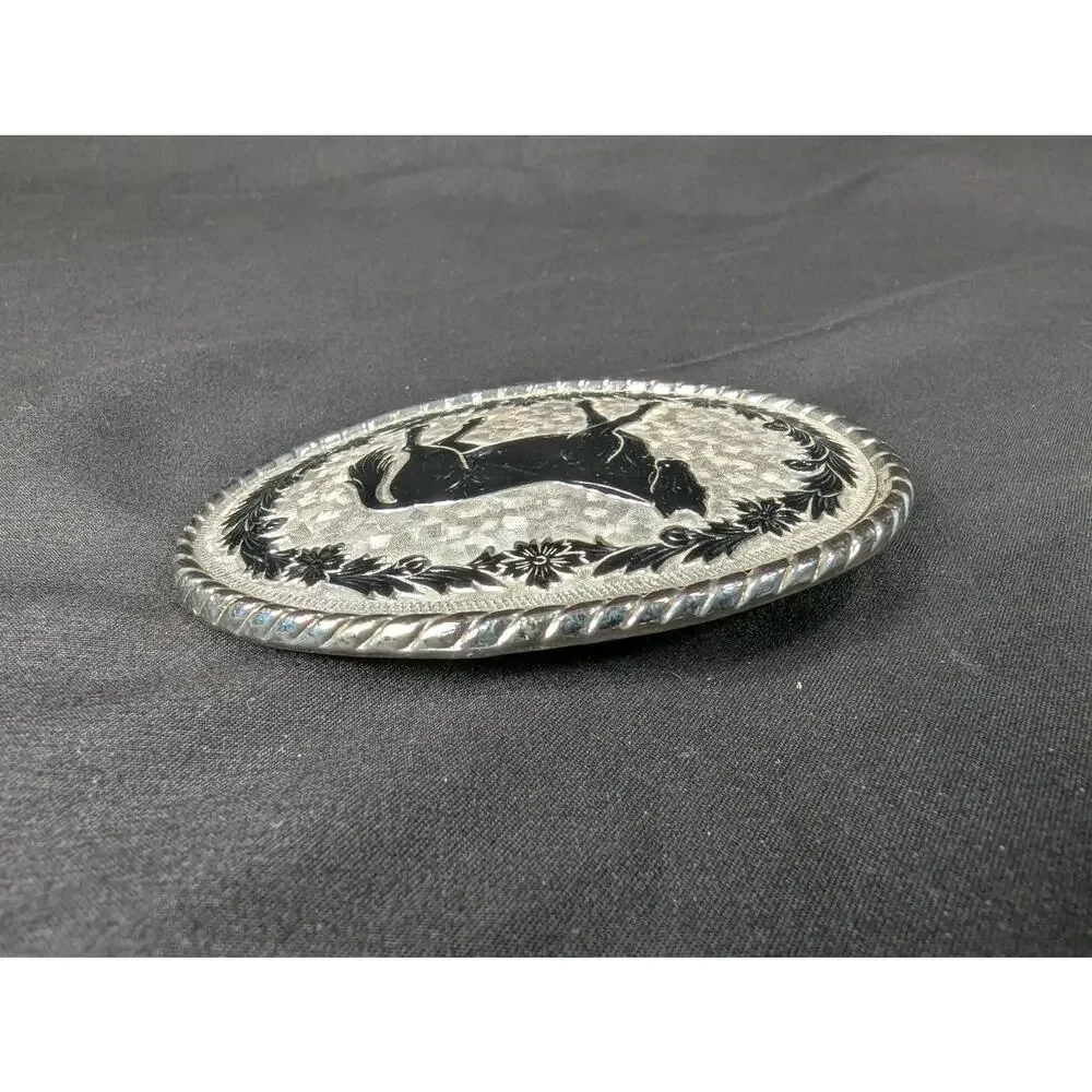Vintage 1970s Western Belt Buckle Silver Tone Horse Motif Rope Border USA Made